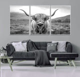 52903-MGV-FC-60X30-3P_White-Highland Cow Wall Art – Black and White Canvas Print Rustic Cattle Portrait, Farmhouse Country Decor for Living Room, Office,