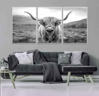 52903-MGV-FC-60X30-3P_White-Highland Cow Wall Art – Black and White Canvas Print Rustic Cattle Portrait, Farmhouse Country Decor for Living Room, Office,