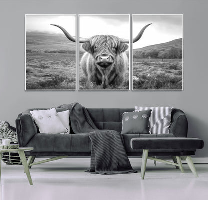 52903-MGV-FC-60X30-3P_White-Highland Cow Wall Art – Black and White Canvas Print Rustic Cattle Portrait, Farmhouse Country Decor for Living Room, Office,
