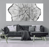98709-MGV-FC-60X30-3P_White-Tree Ring Wall Art – Black and White Canvas Print Rustic Wood Cross Section, Minimal Nature Inspired Decor for Living Room,