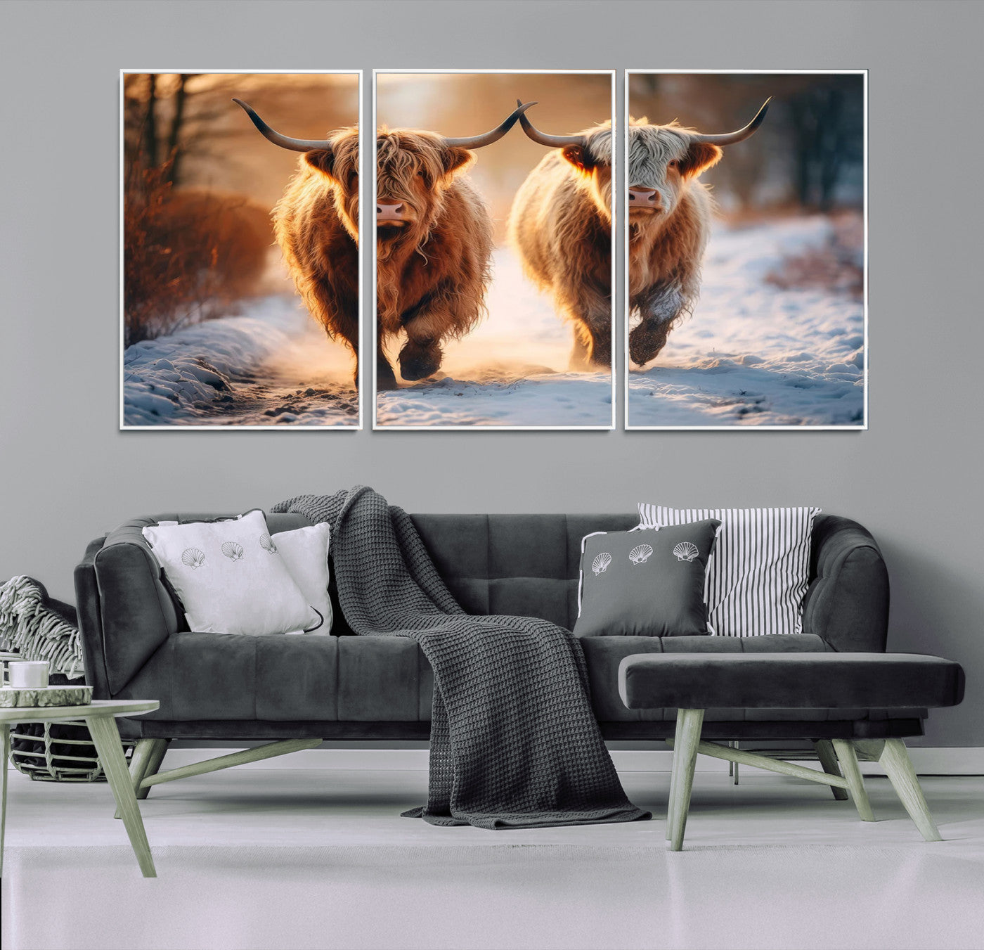 94810-MGV-CV-36X24-Highland Cow Wall Art – Rustic Canvas Print Two Cattle Snow Path Sunset, Farmhouse Country Decor for Living Room, Bedroom, Office,