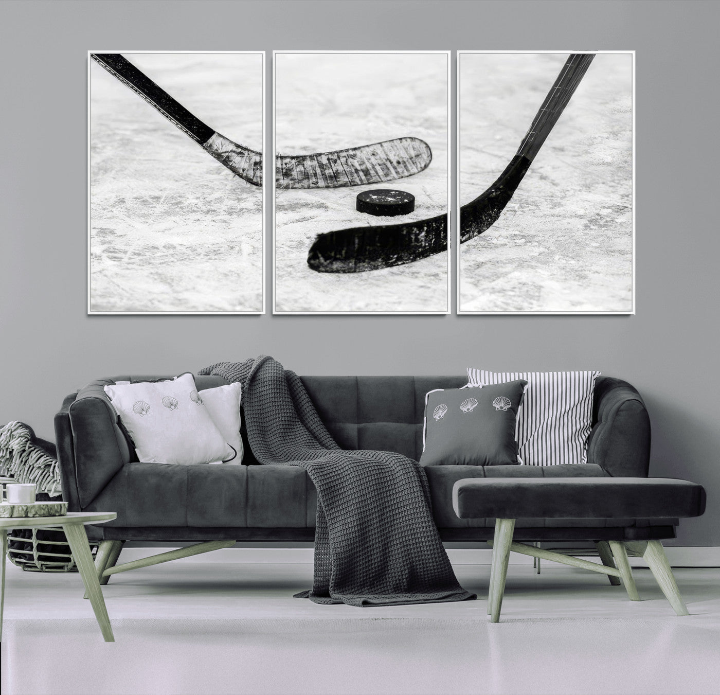 82900-MGV-FC-60X30-3P_White-Hockey Wall Art – Black and White Canvas Print Ice Rink Sticks Puck Sports Photography, Modern Decor for Game Room, Man Cave,