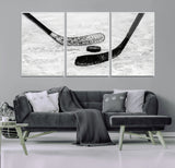 82900-MGV-FC-60X30-3P_White-Hockey Wall Art – Black and White Canvas Print Ice Rink Sticks Puck Sports Photography, Modern Decor for Game Room, Man Cave,