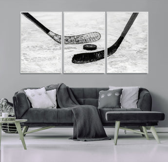 82900-MGV-FC-60X30-3P_White-Hockey Wall Art – Black and White Canvas Print Ice Rink Sticks Puck Sports Photography, Modern Decor for Game Room, Man Cave,