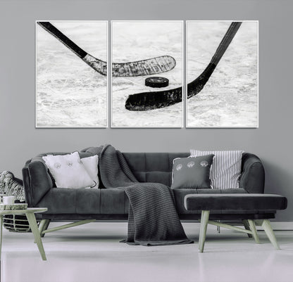 82900-MGV-FC-60X30-3P_White-Hockey Wall Art – Black and White Canvas Print Ice Rink Sticks Puck Sports Photography, Modern Decor for Game Room, Man Cave,