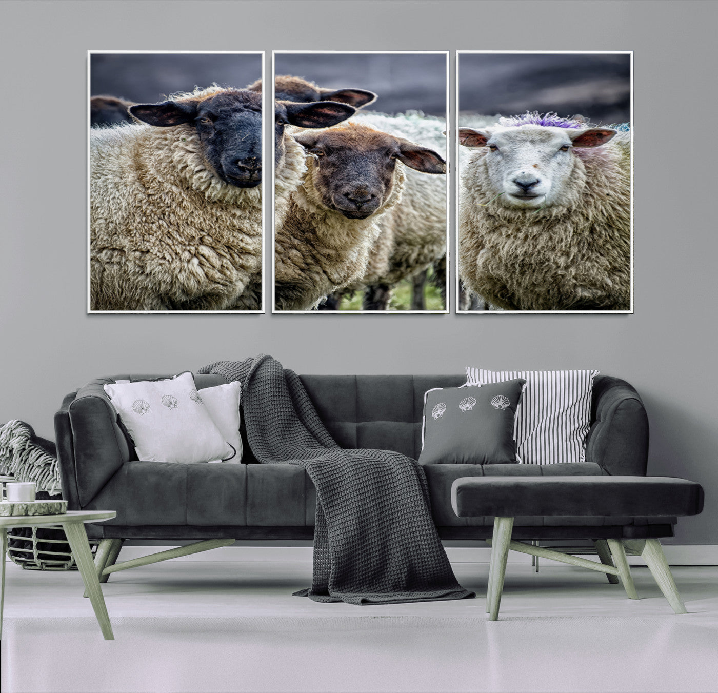 18418-MGV-FC-60X30-3P_White-Sheep Wall Art Canvas Print, Framed Farmhouse Sheep Art Picture Print, Sheep Herd Perfect Rustic Farmhouse Decor Artwork