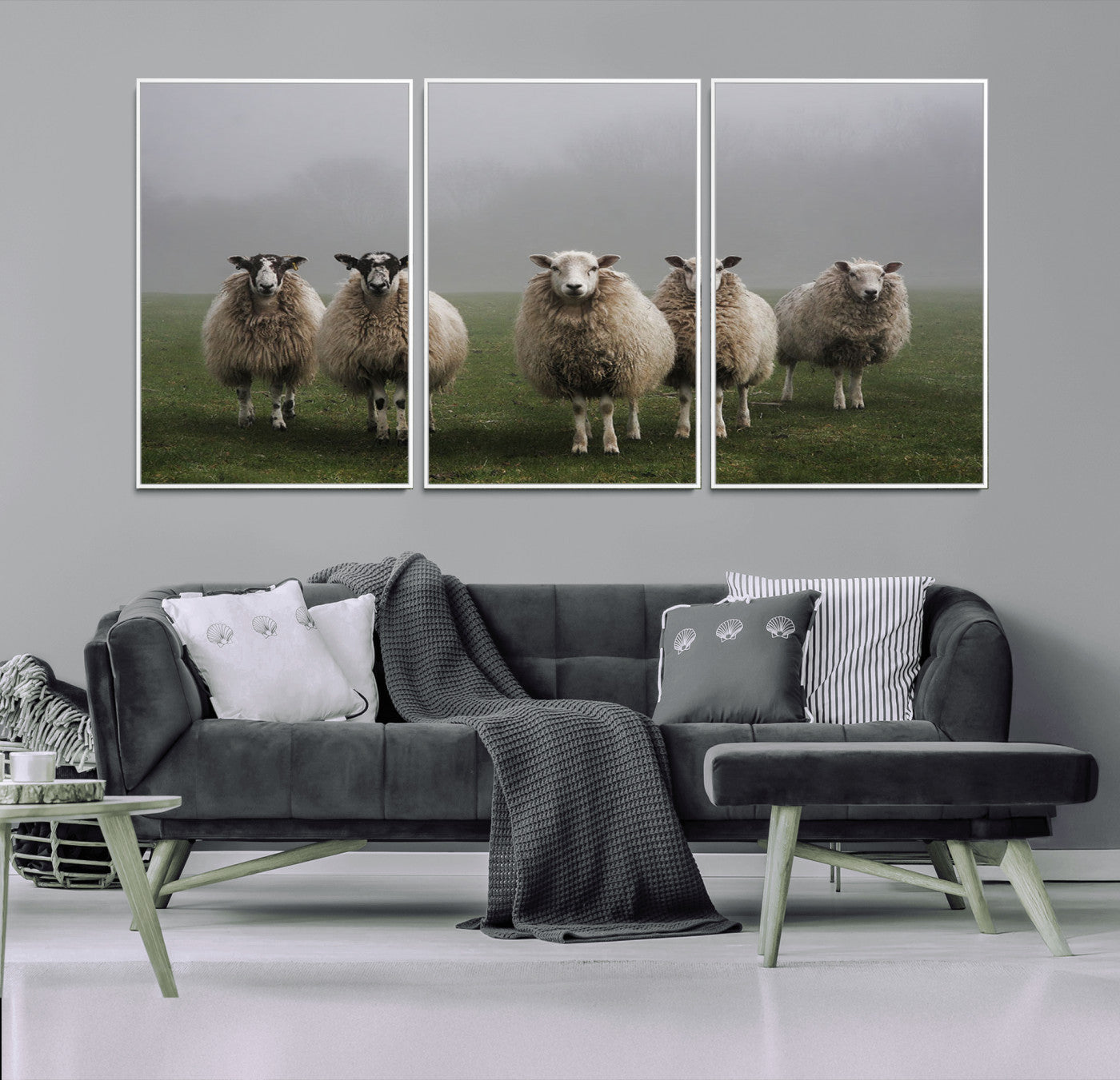 87339-MGV-FC-60X30-3P_White-Sheep Wall Art – Rustic Farmhouse Canvas Print Flock Standing Misty Field Countryside Photography, Country Animal Decor for Living