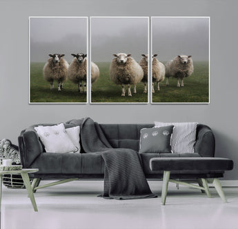 87339-MGV-FC-60X30-3P_White-Sheep Wall Art – Rustic Farmhouse Canvas Print Flock Standing Misty Field Countryside Photography, Country Animal Decor for Living