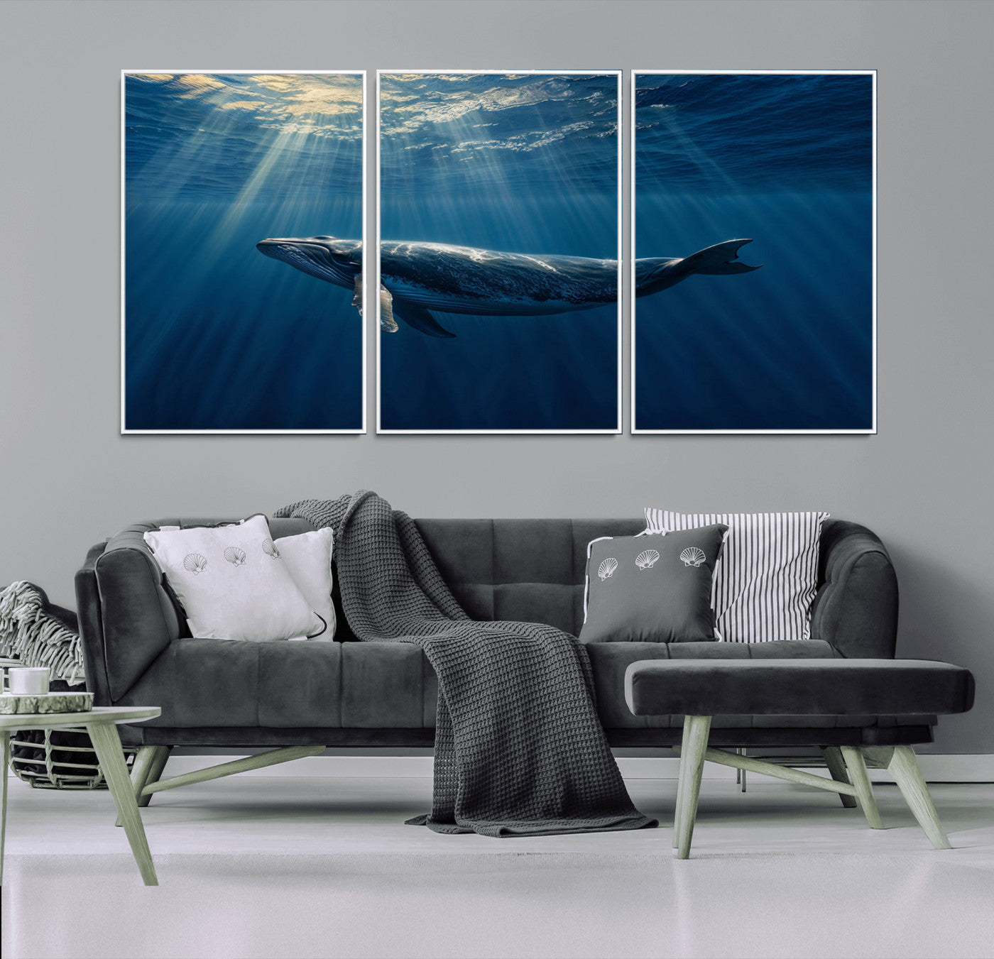 18052-MGV-FC-60X30-3P_White-Whale Wall Art – Majestic Ocean Canvas Print Marine Life Underwater Sunlight Scene, Nautical Coastal Decor for Living Room,