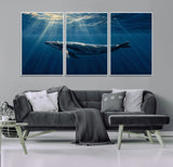 18052-MGV-FC-60X30-3P_White-Whale Wall Art – Majestic Ocean Canvas Print Marine Life Underwater Sunlight Scene, Nautical Coastal Decor for Living Room,