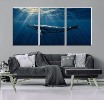 18052-MGV-FC-60X30-3P_White-Whale Wall Art – Majestic Ocean Canvas Print Marine Life Underwater Sunlight Scene, Nautical Coastal Decor for Living Room,