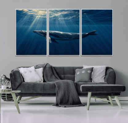 18052-MGV-FC-60X30-3P_White-Whale Wall Art – Majestic Ocean Canvas Print Marine Life Underwater Sunlight Scene, Nautical Coastal Decor for Living Room,