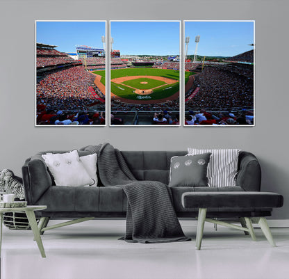 90998-MGV-CV-36X24-Baseball Stadium Wall Art – Canvas Print Day Game Field Packed Crowd Bright Blue Sky Sports Photography, Classic Decor for Game