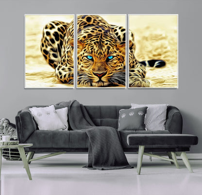 45281-MGV-CV-36X24-Blue Eye Leopard Wall Art Canvas Print, Framed Leopard Painting Art Picture Print, Big Cat Perfect Safari Wildlife Decor Artwork