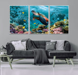 38661-MGV-FC-60X30-3P_White-Sea Turtle Wall Art Canvas Print, Framed Ocean Wildlife Art Picture Print, Turtle Perfect Coastal Nature Decor Artwork