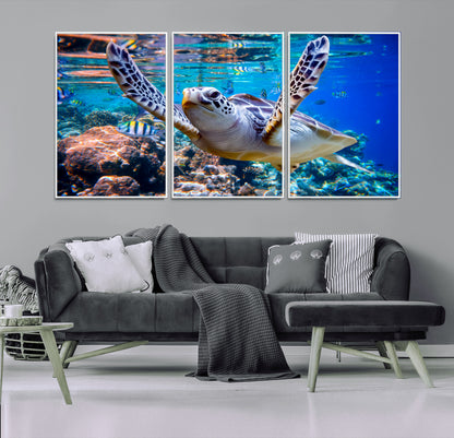 12683-MGV-FC-60X30-3P_White-Sea Turtle Wall Art – Graceful Ocean Canvas Print with Coral Reef and Tropical Fish, Coastal Marine Life Decor for Beach House,