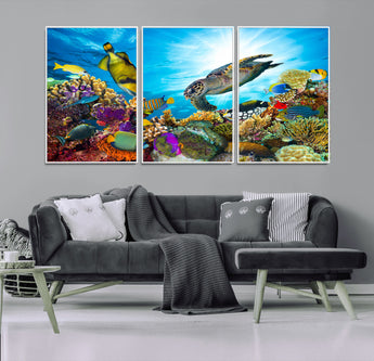44772-MGV-CV-36X24-Underwater Sea Turtle Wall Art – Vibrant Coral Reef and Tropical Fish Canvas Print, Ocean Marine Life Decor for Living Room,