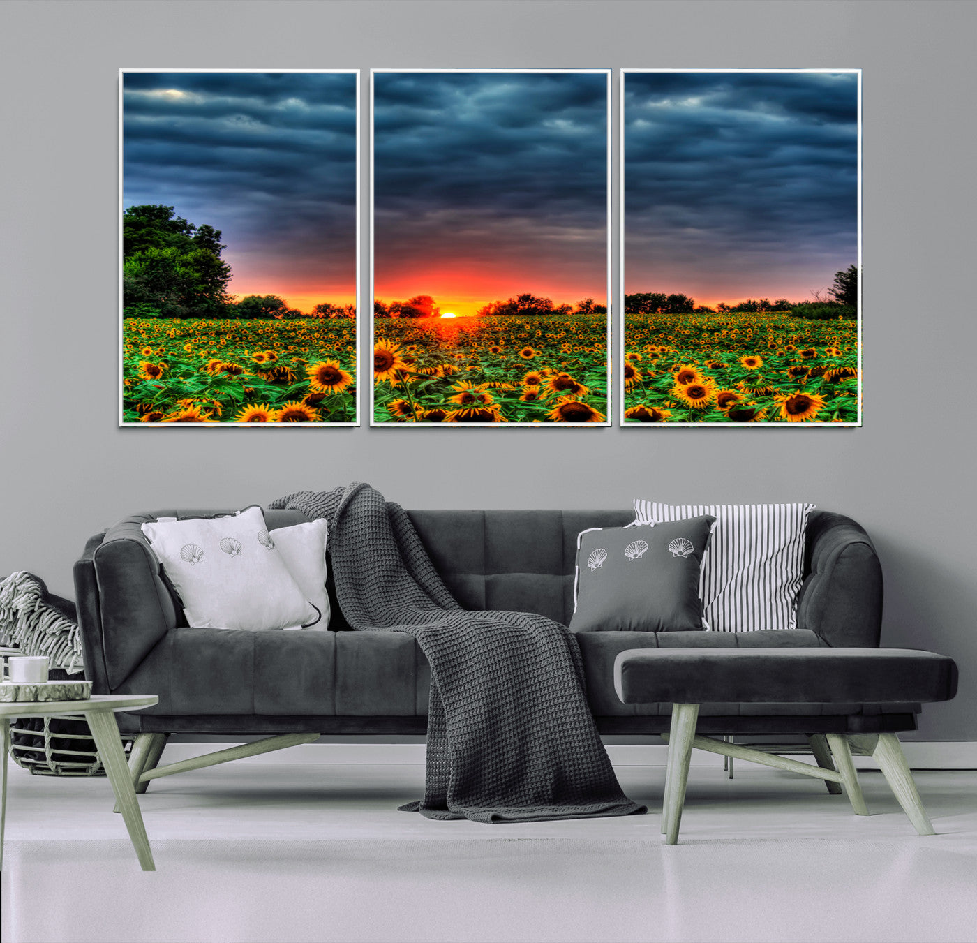 45045-MGV-FC-60X30-3P_White-Sunflower Field Sunset Wall Art – Dramatic Stormy Sky Landscape Print, Vibrant Yellow Floral Nature Canvas for Living Room,