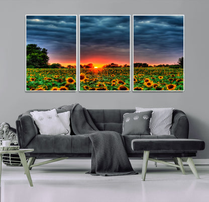 45045-MGV-FC-60X30-3P_White-Sunflower Field Sunset Wall Art – Dramatic Stormy Sky Landscape Print, Vibrant Yellow Floral Nature Canvas for Living Room,