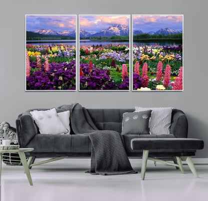 82270-MGV-CV-36X24-Colorful Wildflower Meadow Landscape Wall Art – Snow-Capped Mountain Lake Sunset Print, Vibrant Nature Artwork for Living Room,