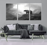 49504-MGV-CV-36X24-Black and White Grizzly Bear Wall Art – Wilderness Wildlife Painting, Rustic Mountain Cabin Decor, Monochrome Animal Print for