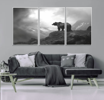 49504-MGV-CV-36X24-Black and White Grizzly Bear Wall Art – Wilderness Wildlife Painting, Rustic Mountain Cabin Decor, Monochrome Animal Print for