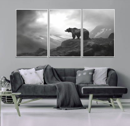 49504-MGV-CV-36X24-Black and White Grizzly Bear Wall Art – Wilderness Wildlife Painting, Rustic Mountain Cabin Decor, Monochrome Animal Print for