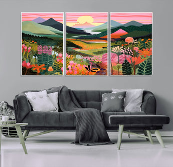 99638-MGV-CV-36X24-Sunset Meadow Wall Art – Panoramic Mountain Landscape with Wildflowers Canvas Print, Vibrant Nature Decor for Living Room, Bedroom