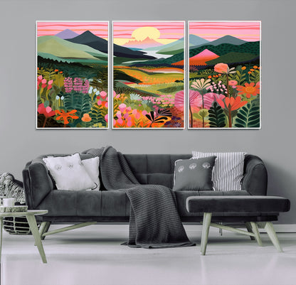 99638-MGV-CV-36X24-Sunset Meadow Wall Art – Panoramic Mountain Landscape with Wildflowers Canvas Print, Vibrant Nature Decor for Living Room, Bedroom