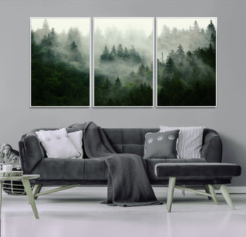 167720496-MGV-FC-60X30-3P_White-Misty Forest Wall Art – Serene Evergreen Trees Canvas Print, Foggy Mountain Nature Landscape Decor for Bedroom, Living Room or