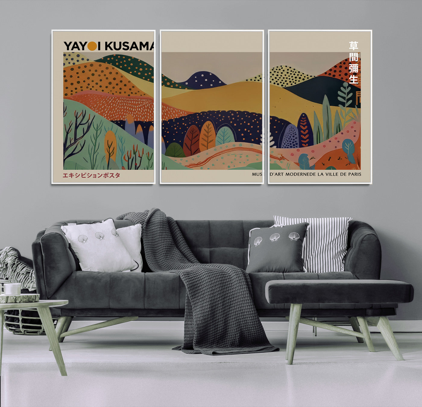 11242-MGV-FC-60X30-3P_White-Kusama Wall Art – Abstract Colorful Hills Canvas Print, Modern Japanese Inspired Landscape Poster for Living Room, Office or