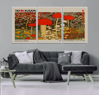 38013-MGV-CV-36X24-Yayoi Kusama Inspired Mushroom Garden Wall Art – Whimsical Botanical Canvas Print, Surreal Nature Poster, Fantasy Floral Artwork