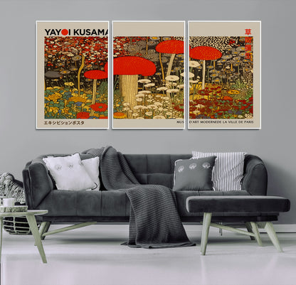 38013-MGV-CV-36X24-Yayoi Kusama Inspired Mushroom Garden Wall Art – Whimsical Botanical Canvas Print, Surreal Nature Poster, Fantasy Floral Artwork