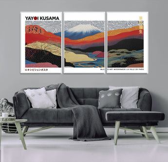 14839-MGV-CV-36X24-Yayoi Kusama Wall Art – Panoramic Mountain & River Canvas Print, Modern Abstract Japanese Landscape Decor for Living Room or