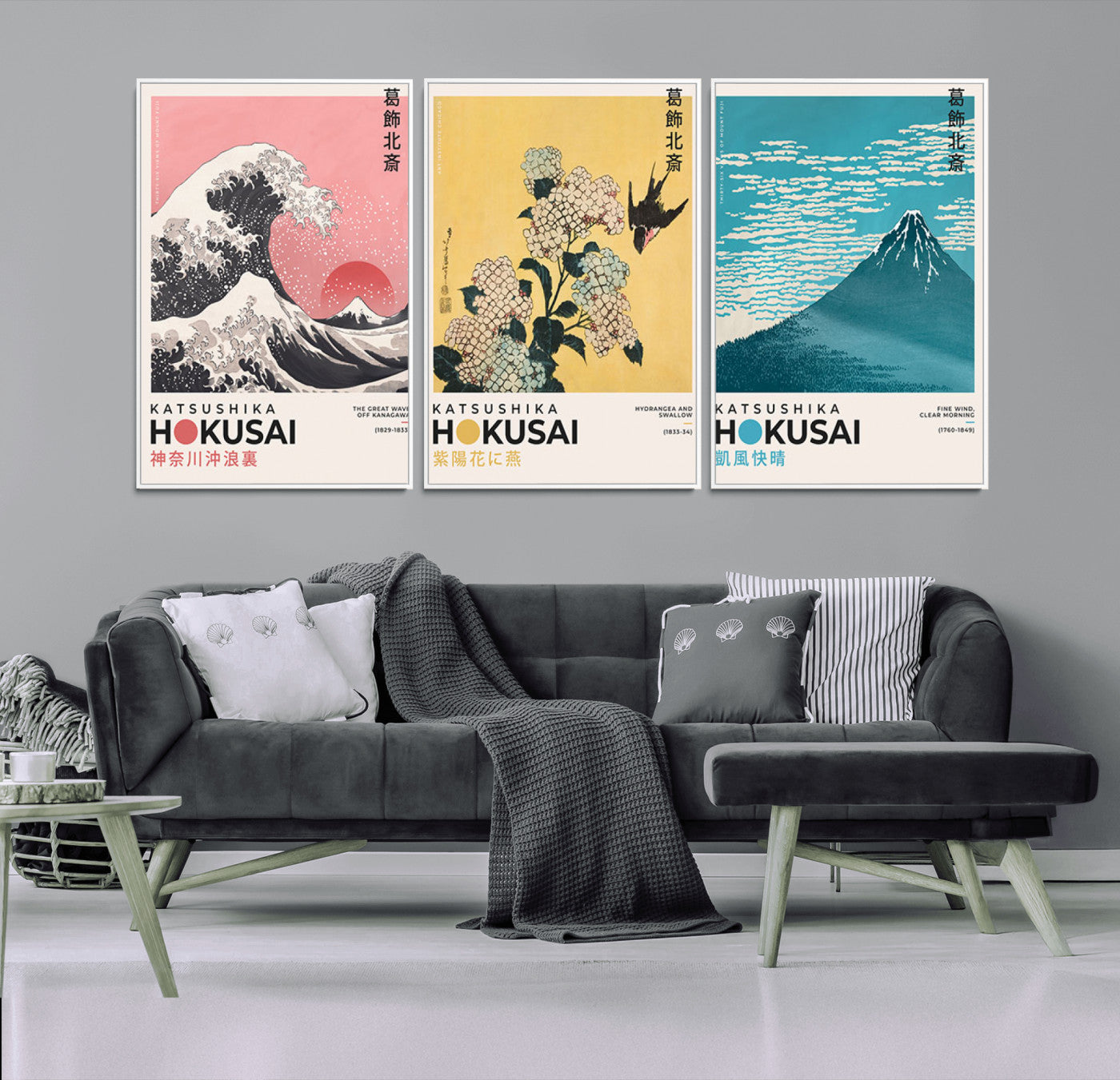 Katsushika-MGV-CV-36X24-Katsushika Hokusai Wall Art Set – The Great Wave, Hydrangea and Swallow, Fine Wind Canvas Prints, Japanese Ukiyo e Style Home and