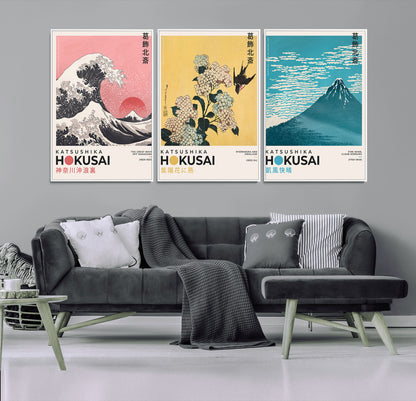 Katsushika-MGV-CV-36X24-Katsushika Hokusai Wall Art Set – The Great Wave, Hydrangea and Swallow, Fine Wind Canvas Prints, Japanese Ukiyo e Style Home and