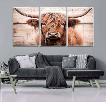 93730-MGV-CV-36X24-Scottish Cow Wall Art Canvas Print, Framed Longhorn Cow Art Picture Print, Highland Cattle Perfect Rustic Farmhouse Decor Artwork