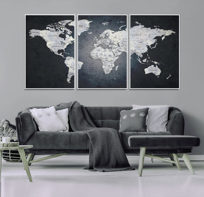 19124-MGV-FC-60X30-3P_White-Modern World Map Wall Art – Black and White Canvas Print, Minimalist Global Map Decor for Office, Study, Bedroom or Living Room
