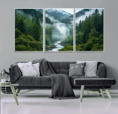 69453-MGV-CV-36X24-Mountain Forest Wall Art – Misty River and Evergreen Landscape Canvas Print, Nature Photography Poster for Living Room, Bedroom,