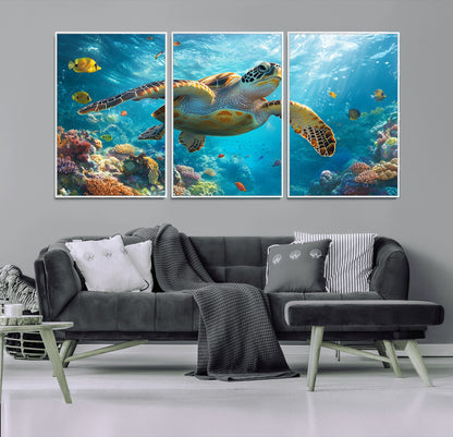 37623-MGV-CV-36X24-Sea Turtle Wall Art – Underwater Ocean Canvas Print with Coral Reef and Tropical Fish, Marine Life Painting Poster for Living