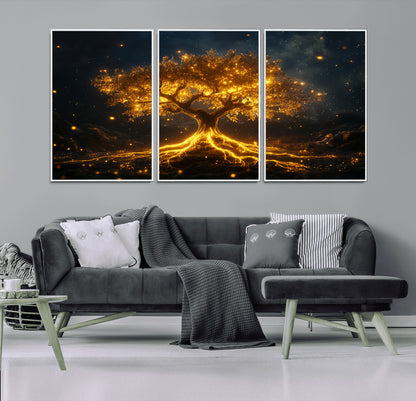 60194-MGV-CV-36X24-Glowing Tree Wall Art – Golden Roots Fantasy Canvas Print, Mystical Illuminated Tree Painting Poster for Living Room, Bedroom,