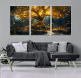 92739-MGV-FC-60X30-3P_White-Glowing Tree Wall Art – Enchanted Golden Forest Canvas Print, Mystical Illuminated Nature Painting Poster for Living Room,