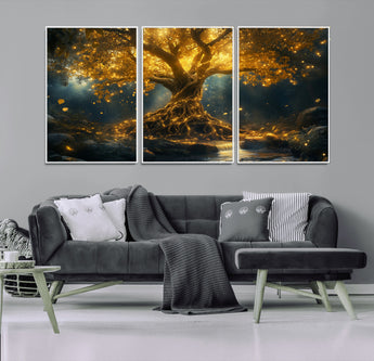 92739-MGV-FC-60X30-3P_White-Glowing Tree Wall Art – Enchanted Golden Forest Canvas Print, Mystical Illuminated Nature Painting Poster for Living Room,