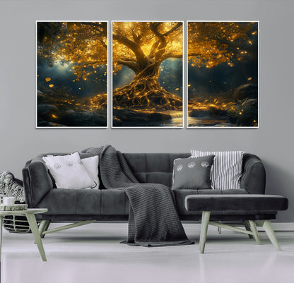 92739-MGV-FC-60X30-3P_White-Glowing Tree Wall Art – Enchanted Golden Forest Canvas Print, Mystical Illuminated Nature Painting Poster for Living Room,