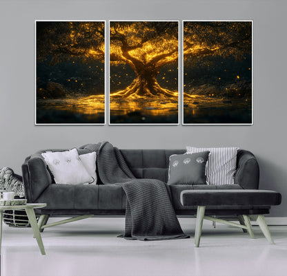 59580-MGV-CV-36X24-Glowing Tree Wall Art – Golden Fantasy Nature Canvas Print, Mystical Illuminated Tree Painting Poster for Living Room, Bedroom,
