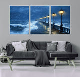 32668-MGV-CV-36X24-Stormy Pier Wall Art – Ocean Waves and Street Lamps Canvas Print, Rainy Night Seascape Oil Painting Poster for Living Room,