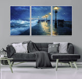 76572-MGV-CV-36X24-Stormy Night Pier Wall Art – Ocean Waves and Street Lamps Canvas Print, Rainy Seascape Oil Painting Poster for Living Room,