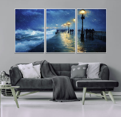 76572-MGV-CV-36X24-Stormy Night Pier Wall Art – Ocean Waves and Street Lamps Canvas Print, Rainy Seascape Oil Painting Poster for Living Room,
