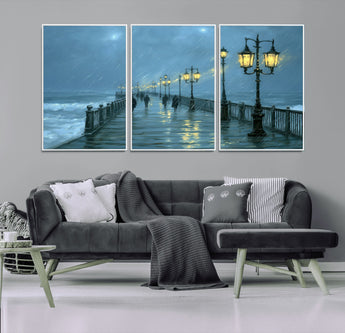 79606-MGV-CV-36X24-Rainy Pier Night Wall Art – Ocean Waves and Street Lamps Canvas Print, Moody Seascape Oil Painting Poster for Living Room,