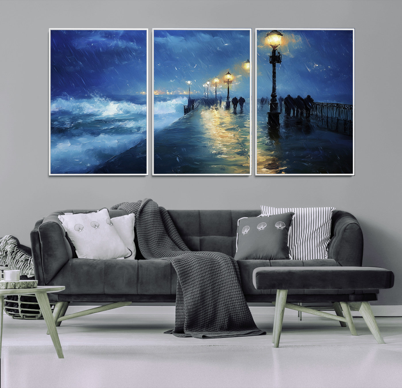 94571-MGV-CV-36X24-Seaside Night Wall Art – Ocean Waves and Street Lamps Canvas Print, Rainy City Pier Oil Painting Poster for Living Room, Bedroom,